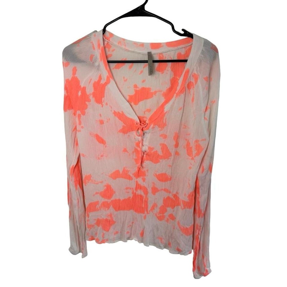 Mono B Neon Orange White Tie Dye Lace Up V-Neck Crinkle Blouse Long Sleeve Top